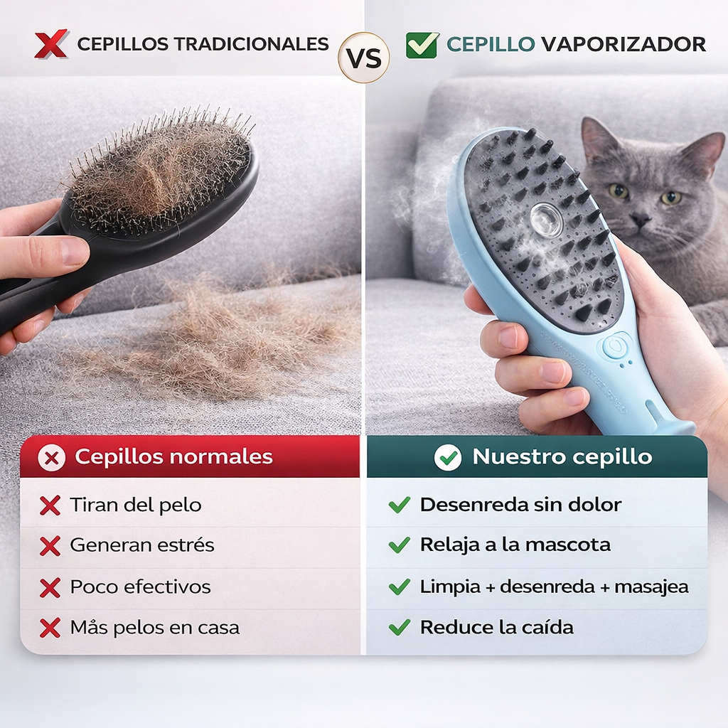 Cepillo Vaporizador (Celeste) 3 en 1 para Mascotas – Elimina Pelo, Desenreda y Relaja
