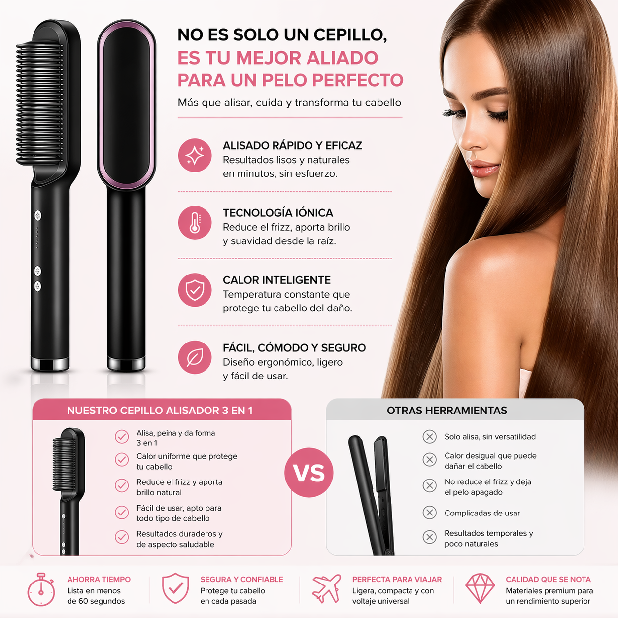 Cepillo Alisador Antifrizz 3 en 1 – Liso Rápido y Sin Daño
