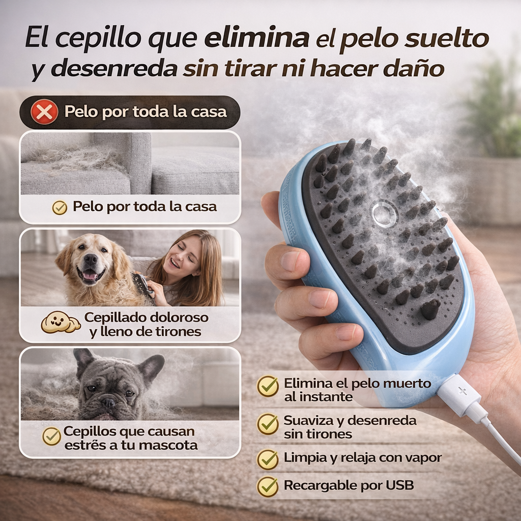 Cepillo Vaporizador (Celeste) 3 en 1 para Mascotas – Elimina Pelo, Desenreda y Relaja