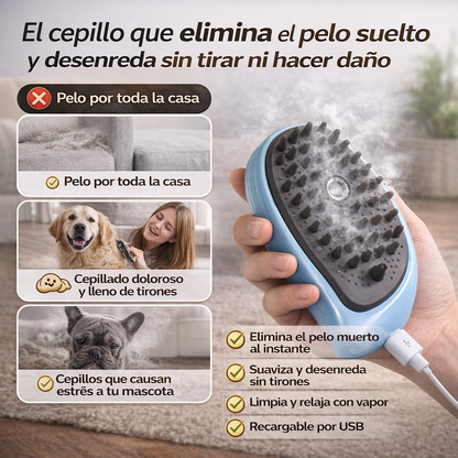 Cepillo Vaporizador (Celeste) 3 en 1 para Mascotas – Elimina Pelo, Desenreda y Relaja