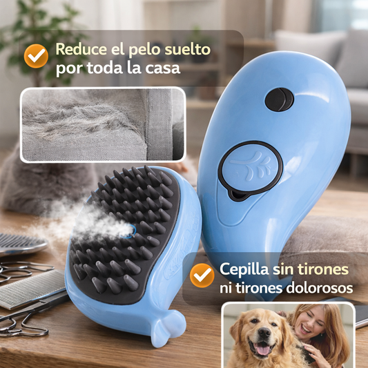 Cepillo Vaporizador (Celeste) 3 en 1 para Mascotas – Elimina Pelo, Desenreda y Relaja