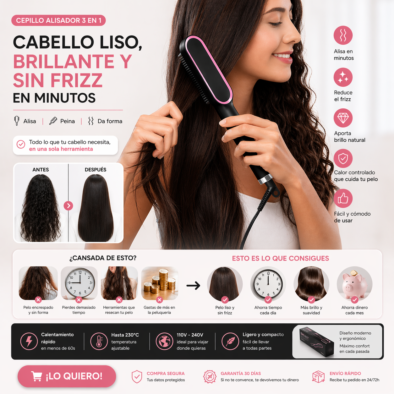 Cepillo Alisador Antifrizz 3 en 1 – Liso Rápido y Sin Daño