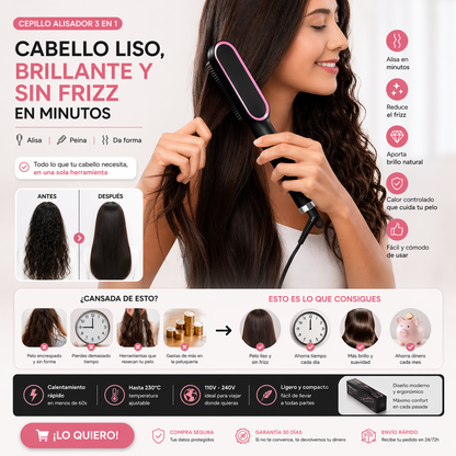 Cepillo Alisador Antifrizz 3 en 1 – Liso Rápido y Sin Daño