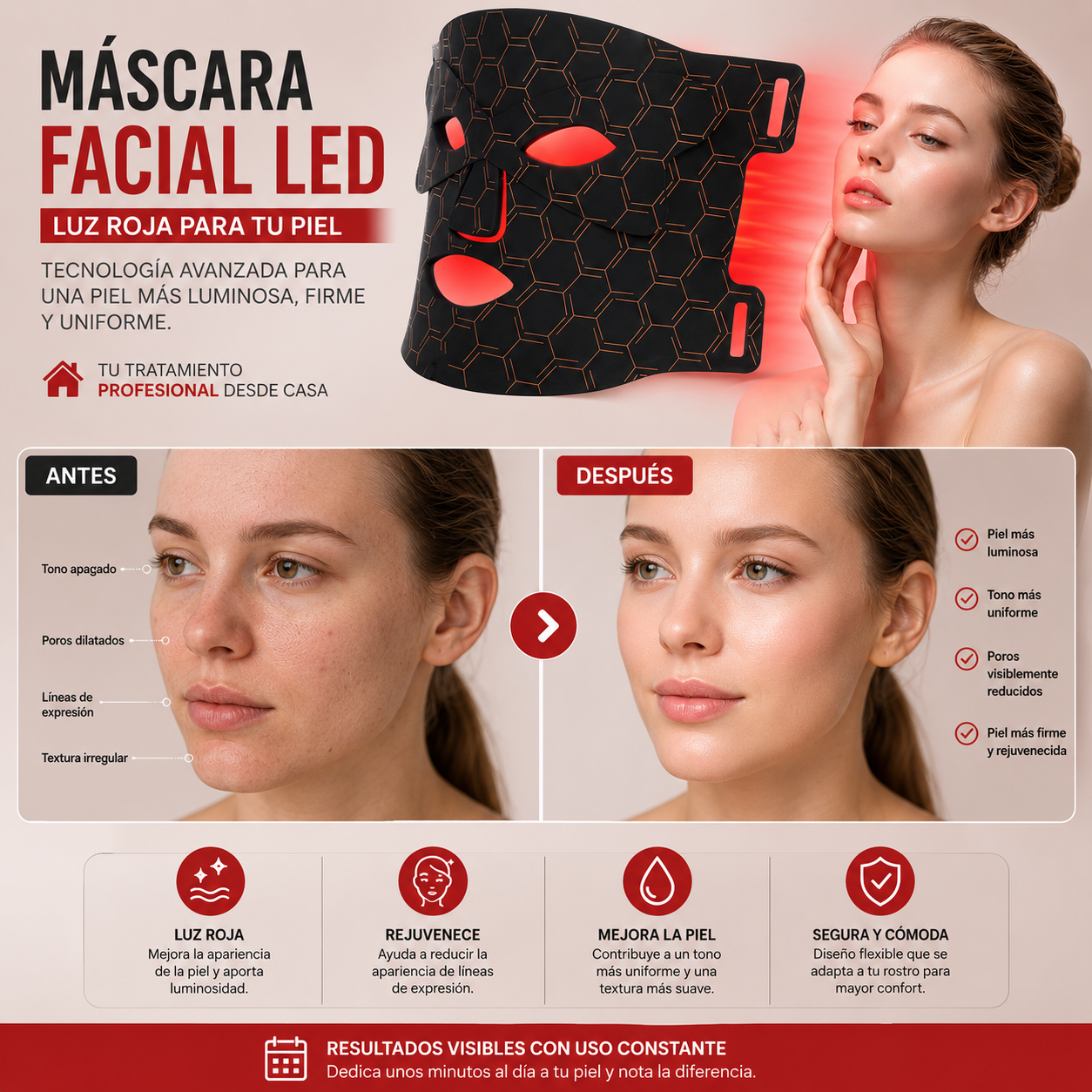 Máscara Facial LED | Piel Más Firme, Luminosa y Radiante